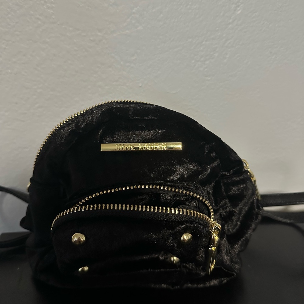 Steve Madden Black Velvet Backpack with Gold Accents